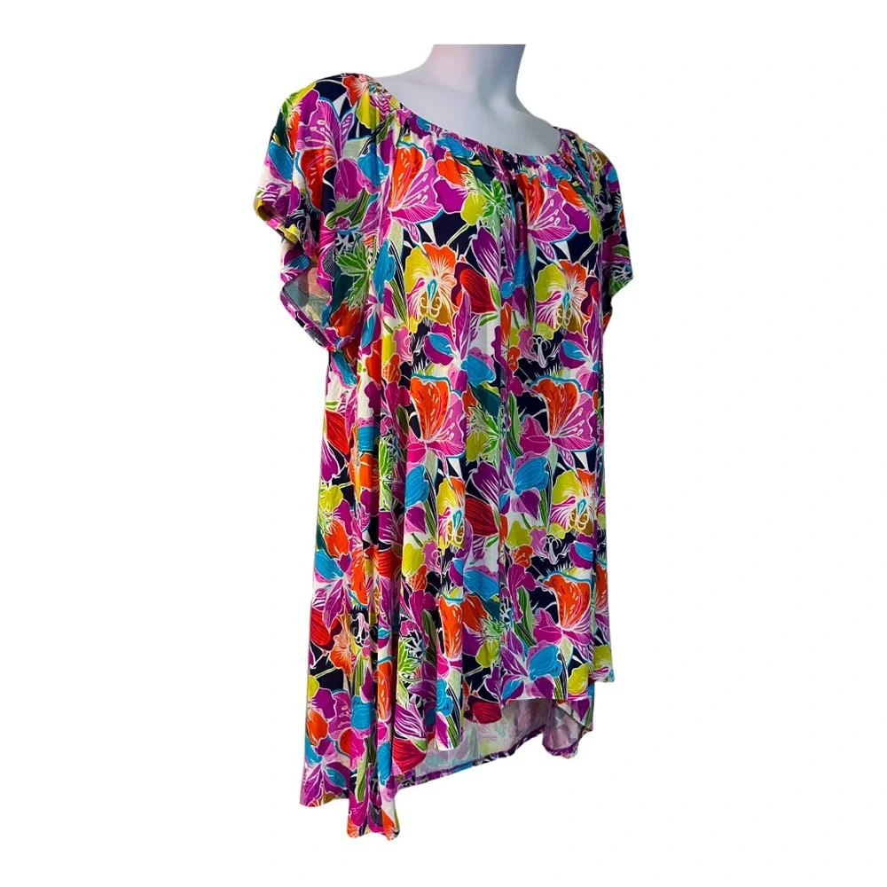 Midnight Velvet Tropical Floral High Low Tunic Casual Office Casual Knit Top - Picture 5 of 13